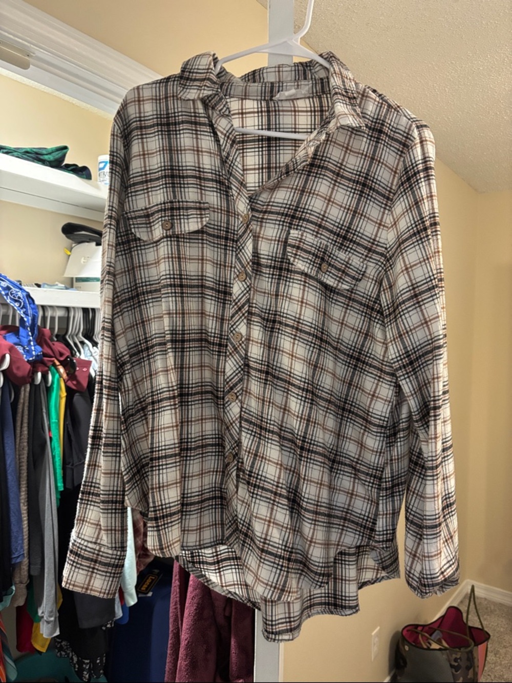 Relaxed Plaid Button-Down Shirt in Cream, Brown & Black